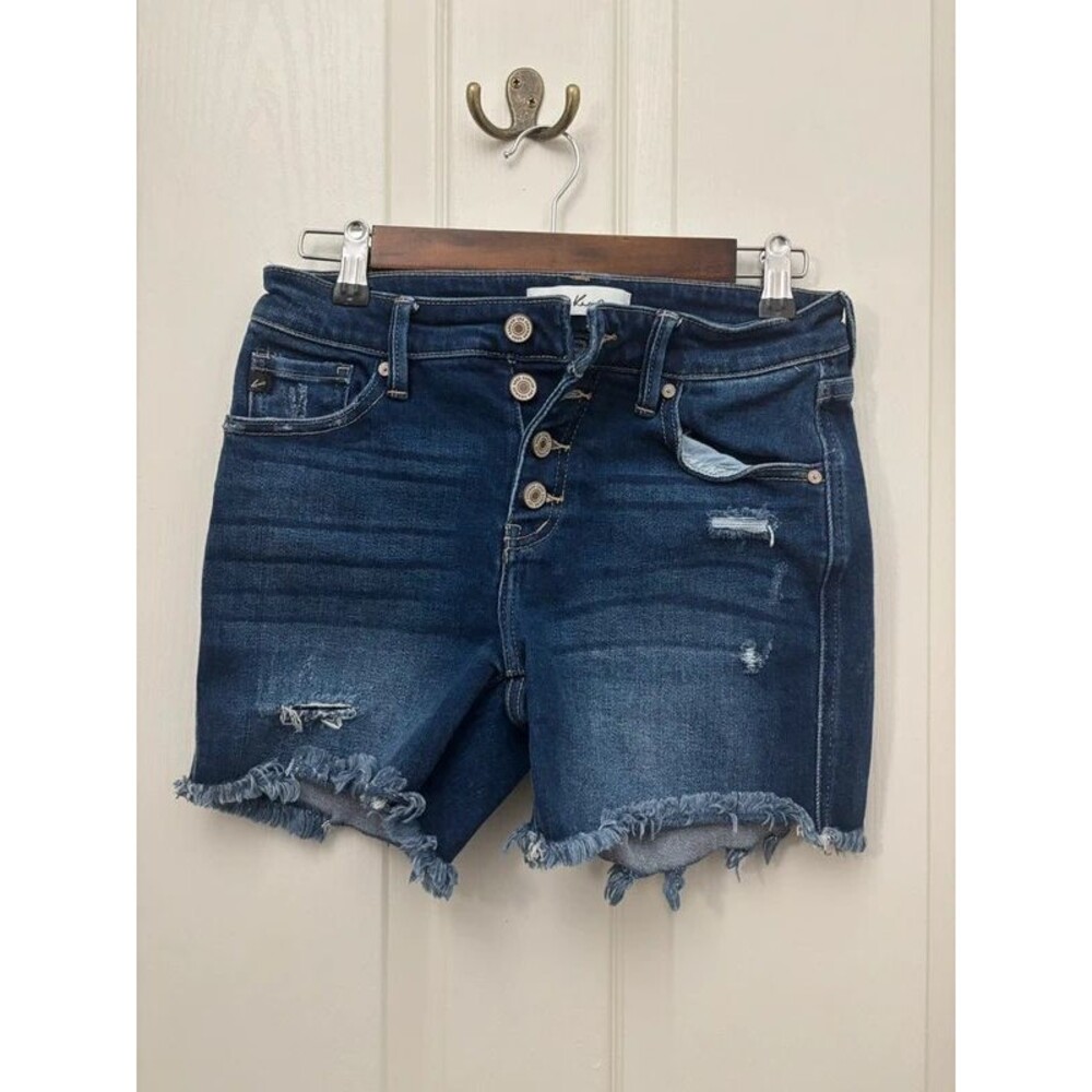 KanCan Womenโs Medium Dark Wash High Rise Distressed Cutoff Denim Shorts